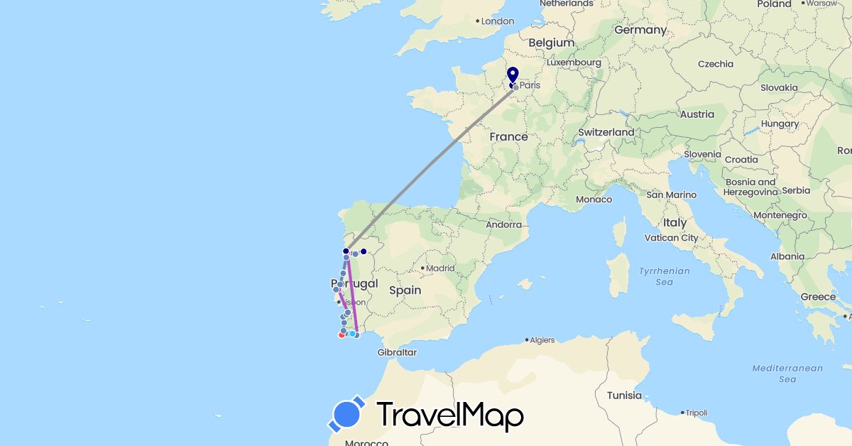 TravelMap itinerary: driving, plane, cycling, train, hiking, boat in France, Portugal (Europe)